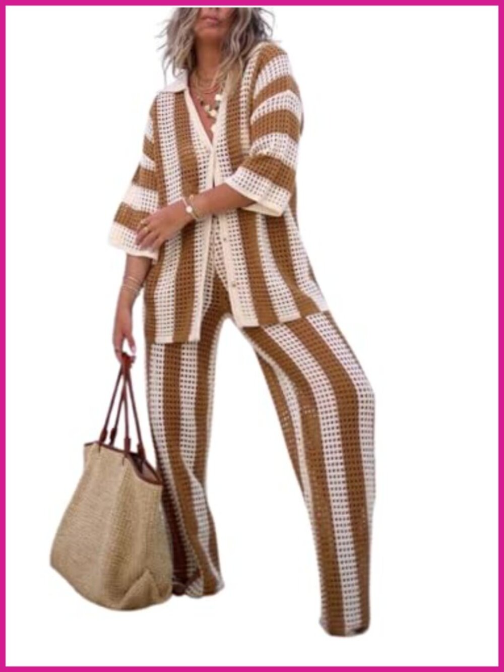 Women 2 Piece Crochet Cover Up Set Button Down Top Wide Leg Pants Vacation